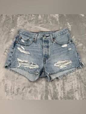 Levis 501 Denim Shorts Womens Size 28 Cut Off Distressed Button Fly Blue Jeans